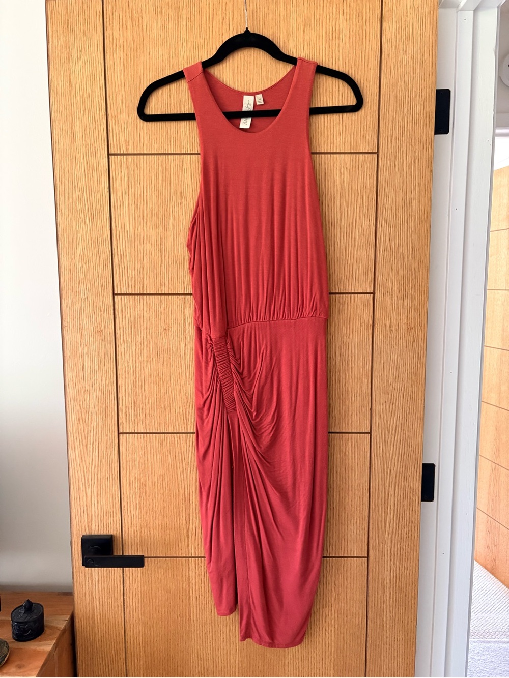 Allison Joy Asymmetrical Ruched Midi Dress in Burnt Coral
